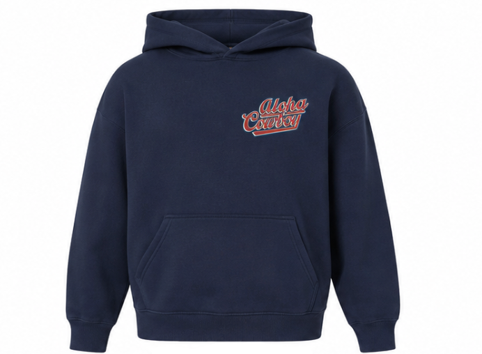 Navy blue hoodie with 'Aloha Cowboy' text on a white background