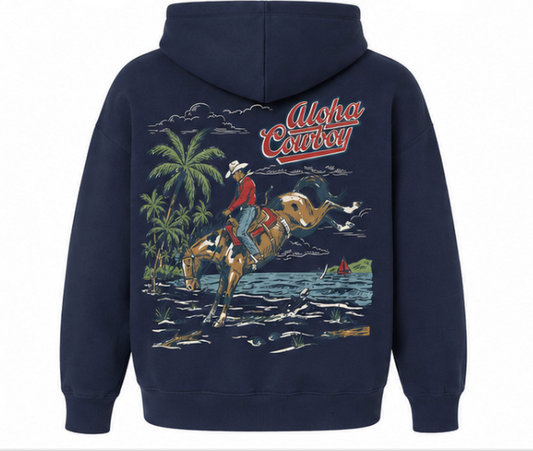 Navy blue hoodie with a graphic of a cowboy on a horse and palm trees, featuring the text 'Aloha Cowboy'.