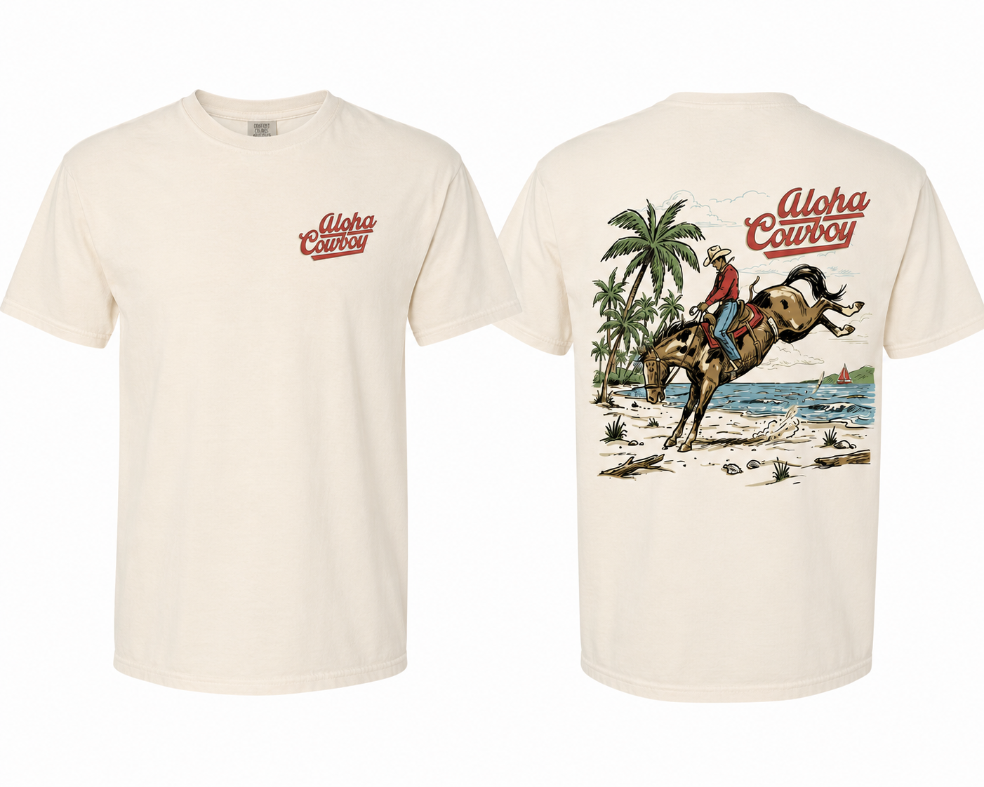 Beige t-shirt with 'Alpaca Cowboy' graphic on a white background